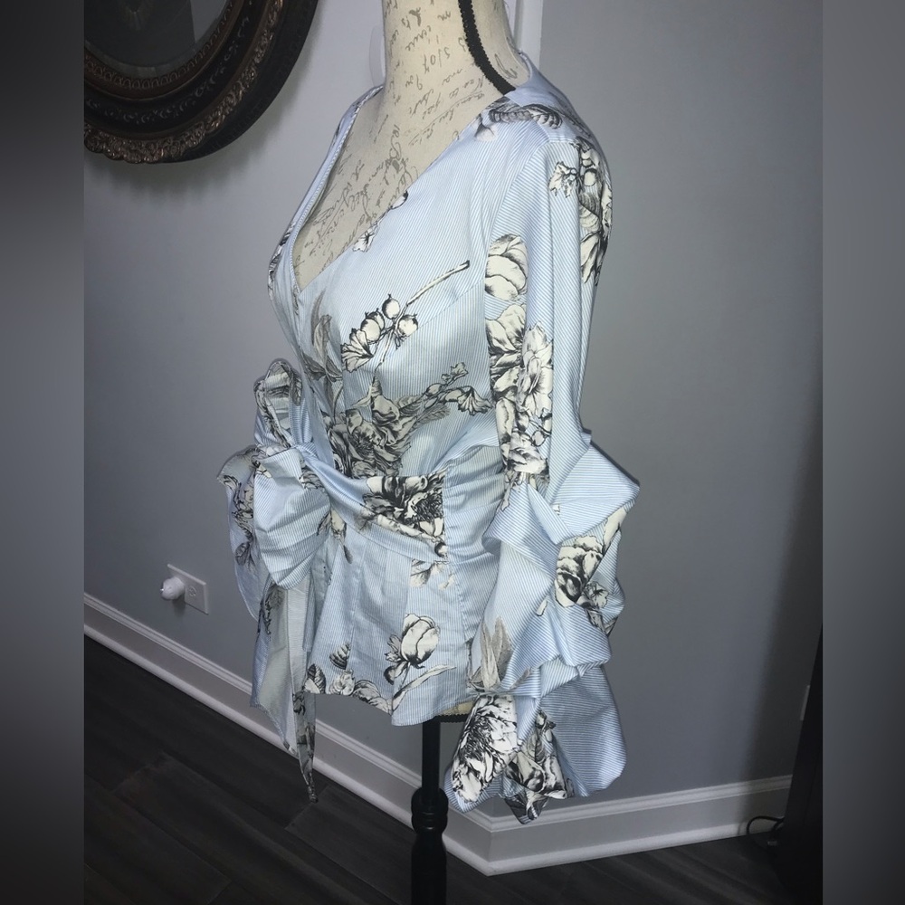 Chic Floral Wrap Blouse - Light Blue and White